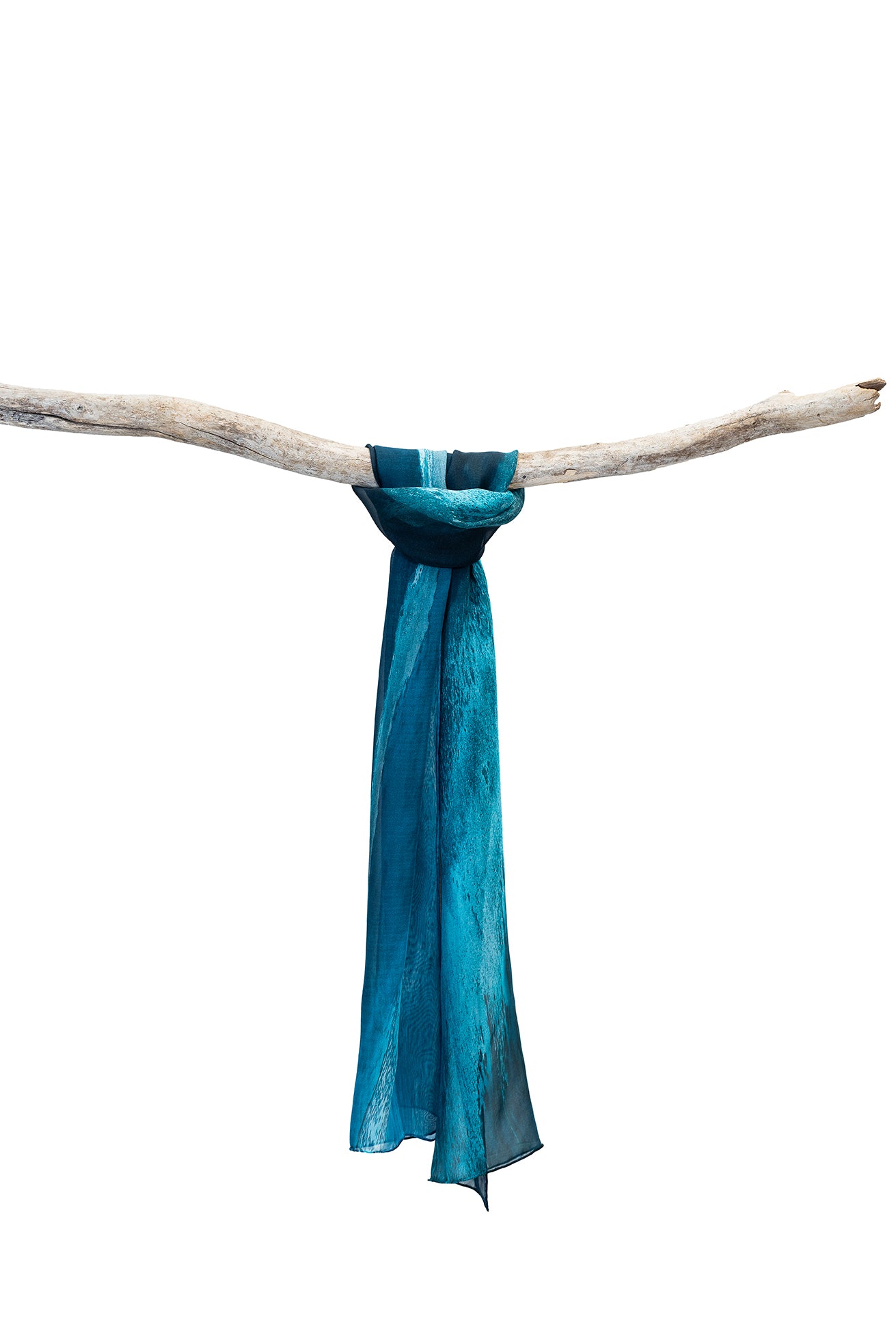 Silk Scarf Waterway print with from above a deep channel of dark water snakes between 2 large reef systems blue green in colour