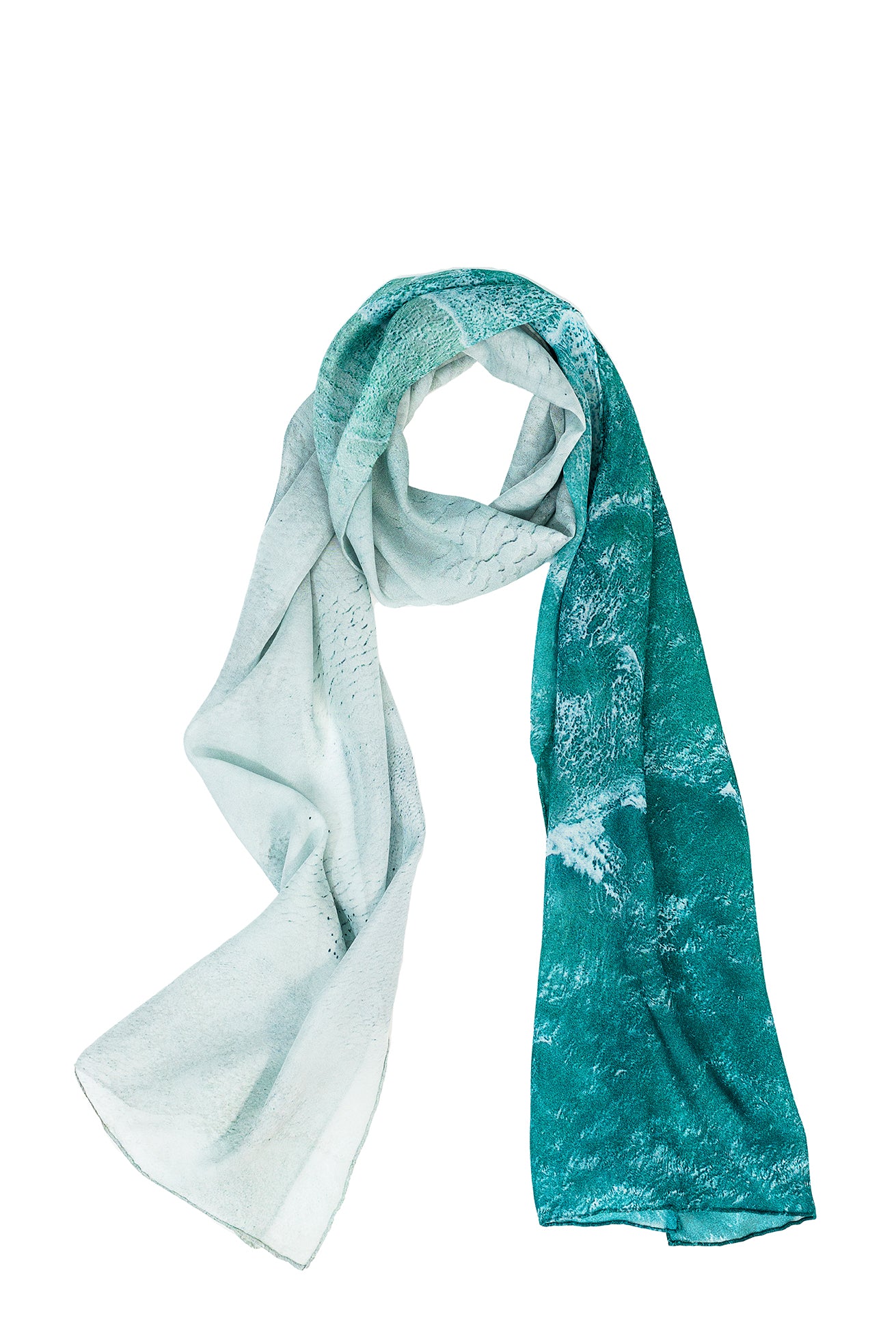 Silk scarf White Waves print from right the turquiose water waves lap at the white sand on left
