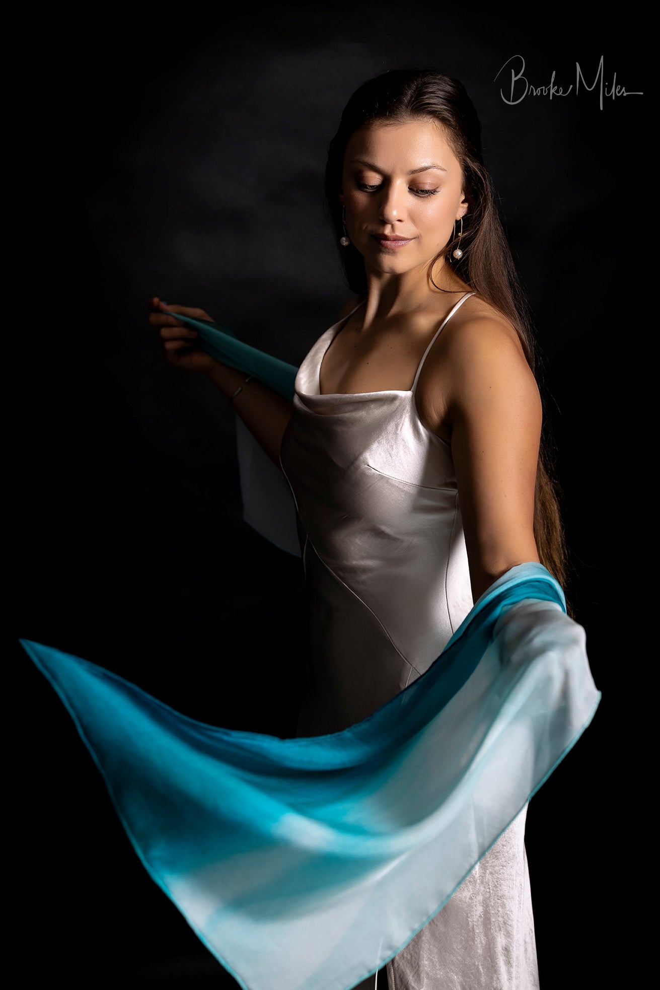 Silk Scarf Comet print a small boat in the distance replicates a comet amongst the sand and blue green water swirling together