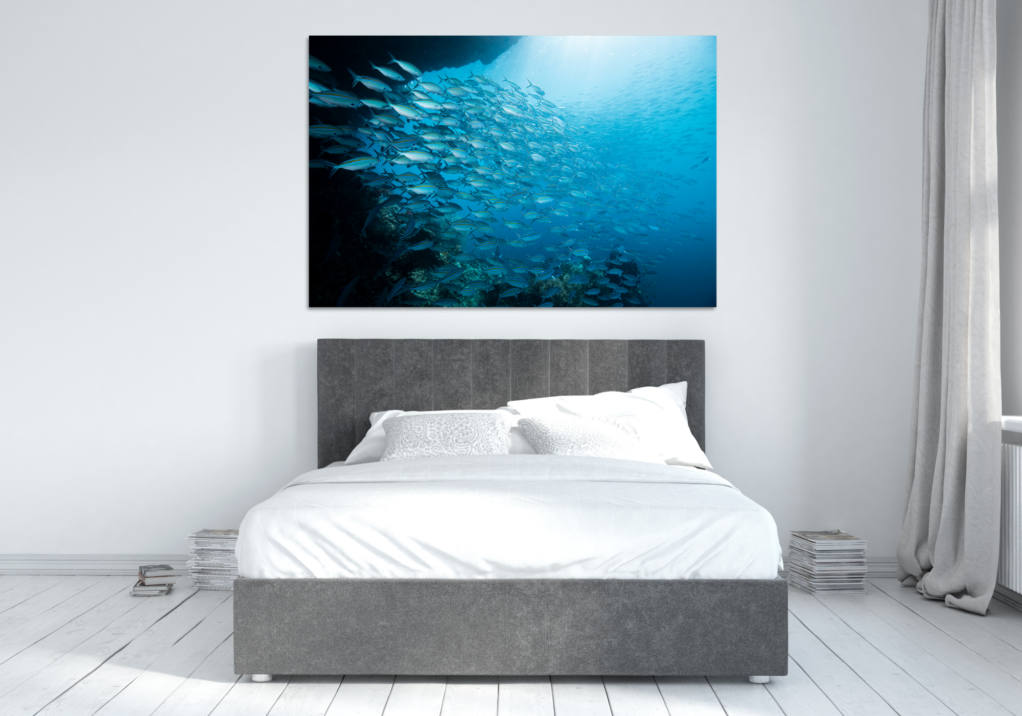 underwater school of fish print above bedhead