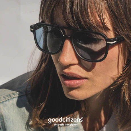 Good Citizens Newport Sunglasses Black with Blue Lens 100% Recycled Customisable
