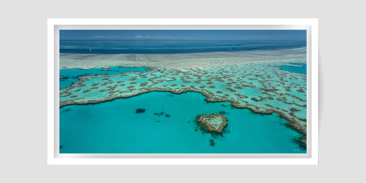 green coral reef from above with blue sky in the background with heart shaped reef island in foreground