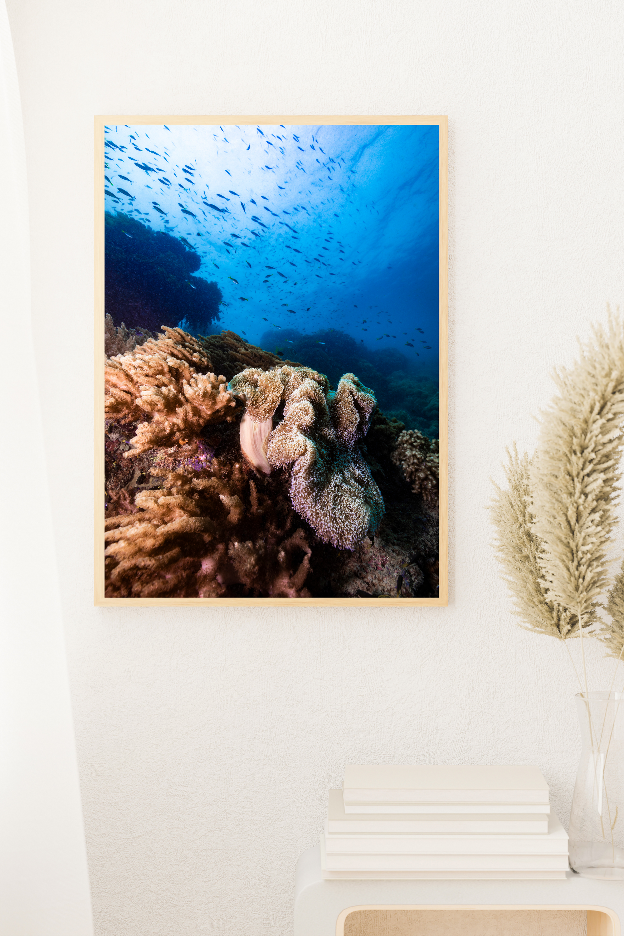 large purple and orange coral with fish swimming above