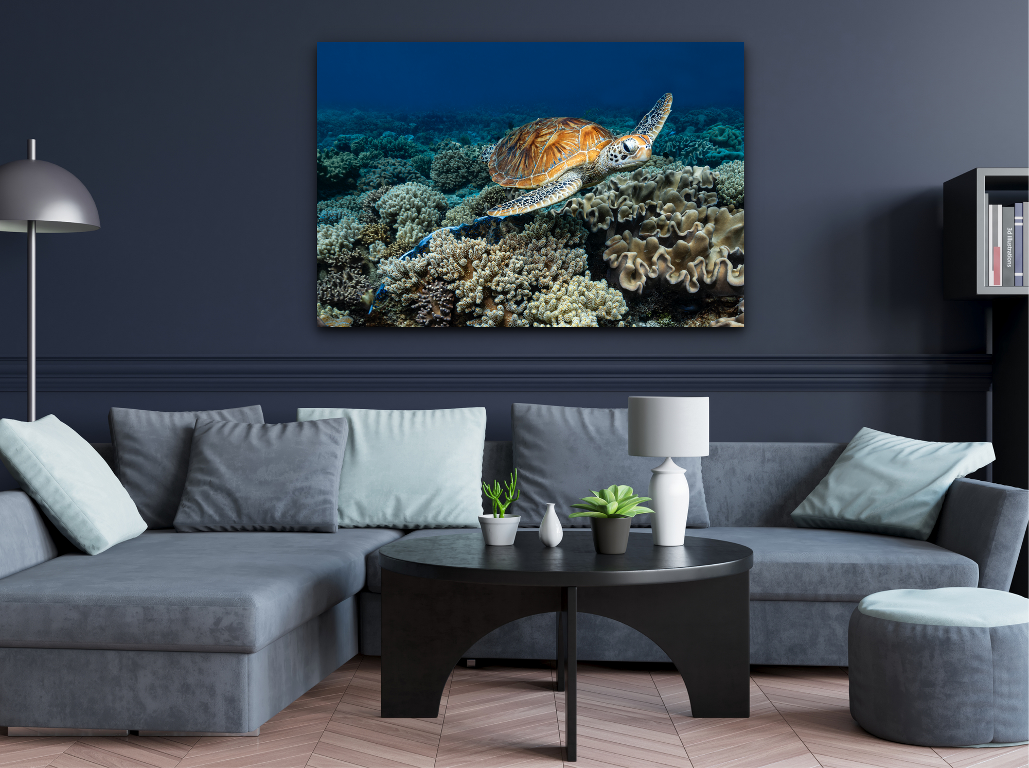 sea turtle gliding above a bed of coral