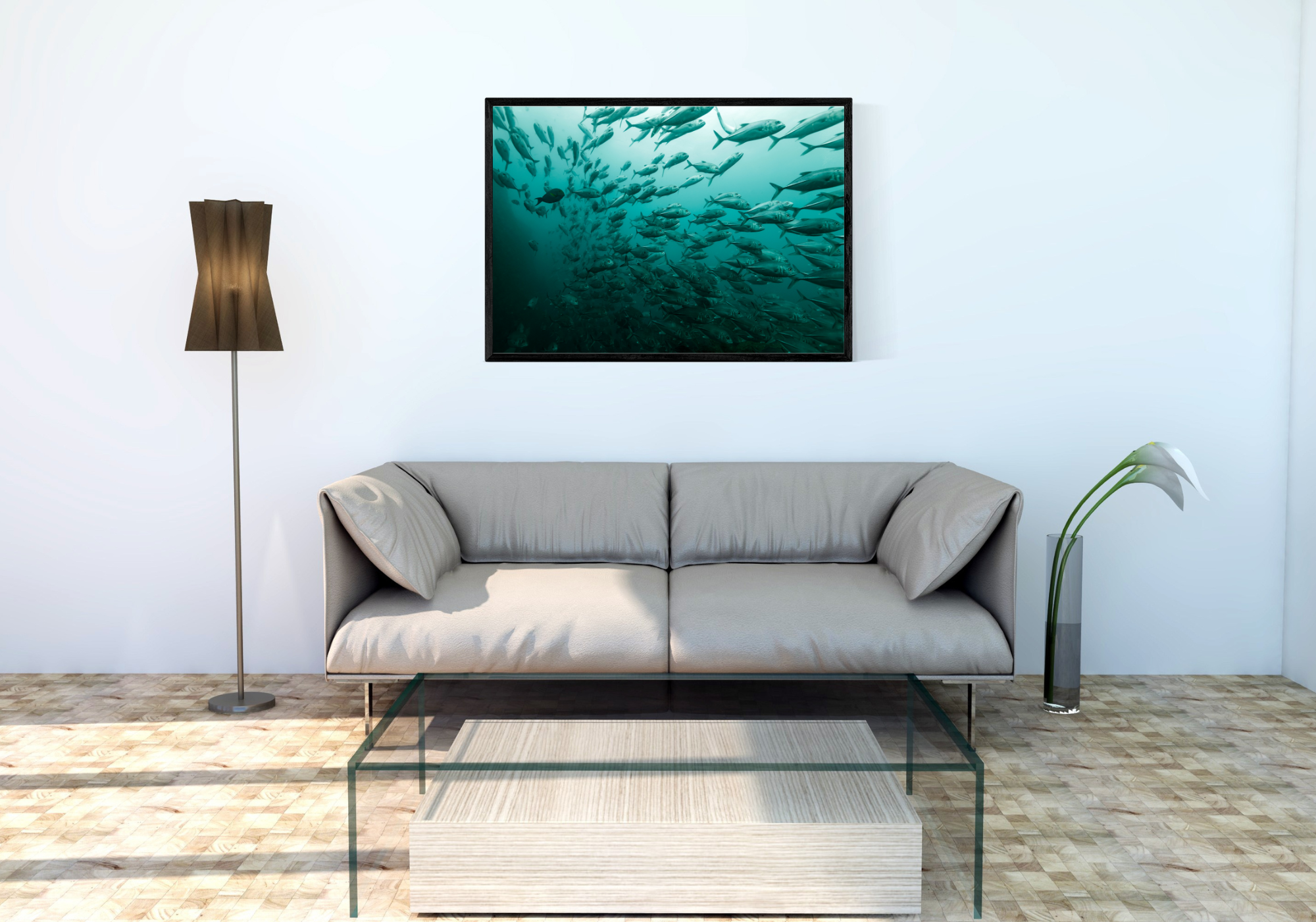 green waters with hundreds of the same fish syncronise swimming