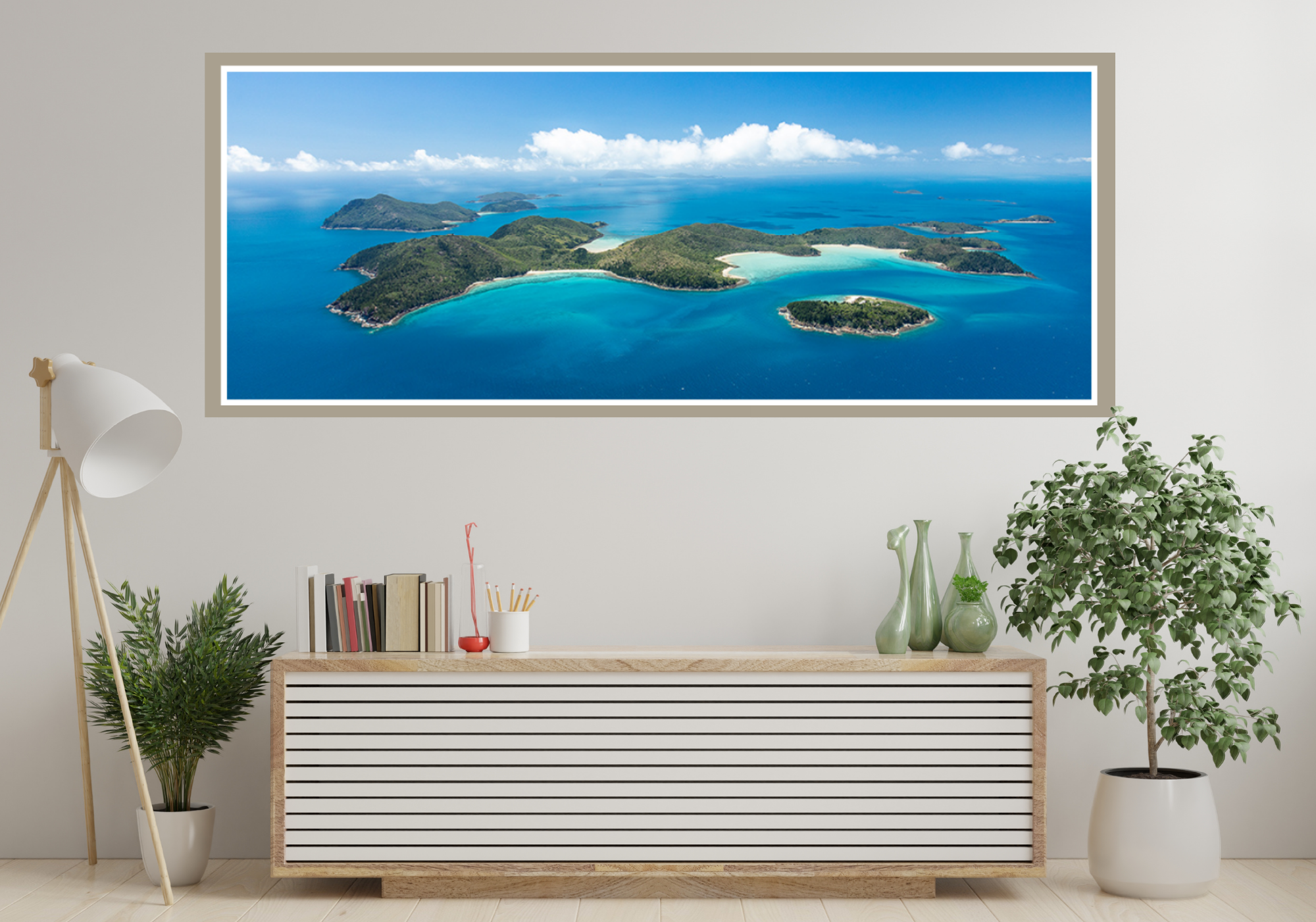 cluster of islands dotted with white sandy bays clouds lining the horizon