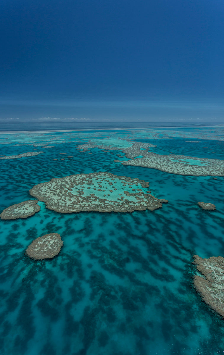 large archipelago of veiny coral reefs dotted about blue green ocean water