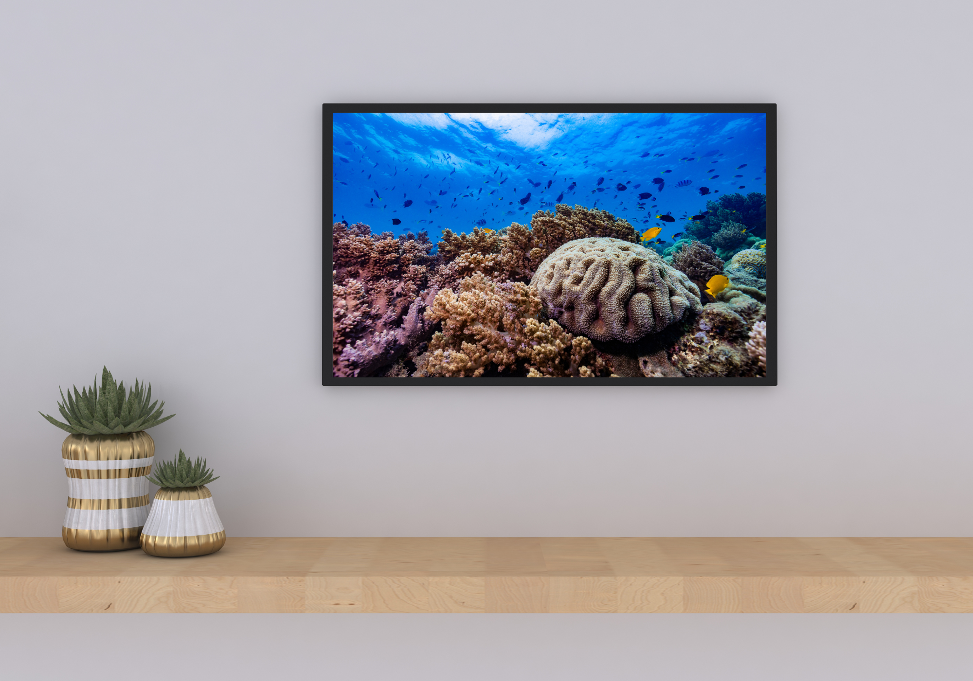 blue ocean with small fish above 2 yellow fish swimming around a sponge of coral
