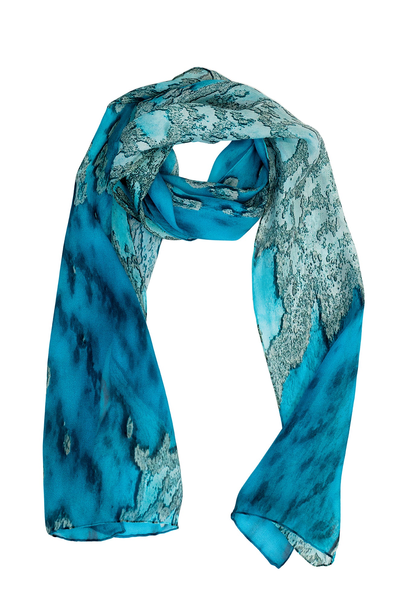 Silk Scarf Coral Veins print with Coral reef veins spread across green, blue, aqua, turquise coloured water