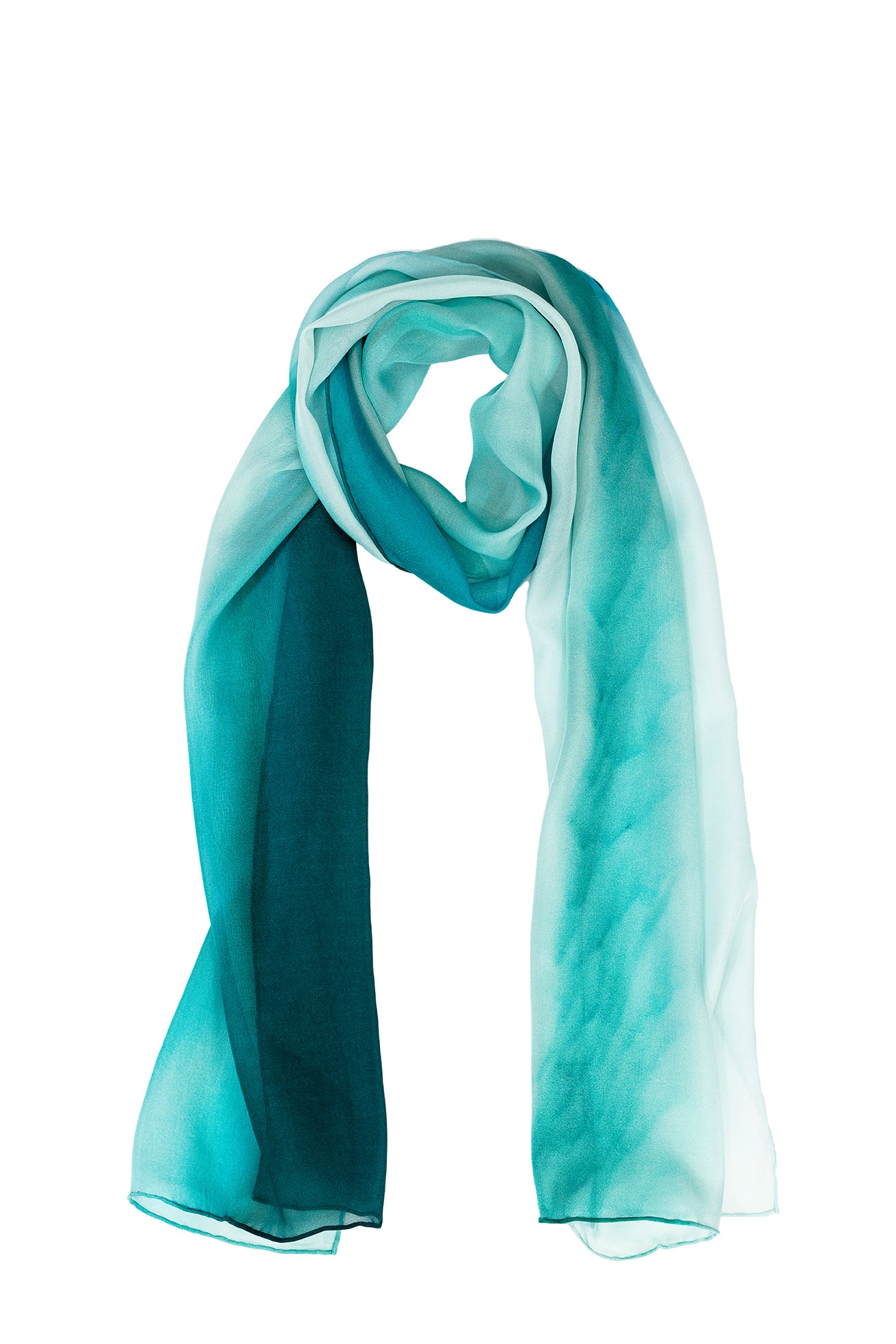 Silk Scarf Comet print a small boat in the distance replicates a comet amongst the sand and blue green water swirling together