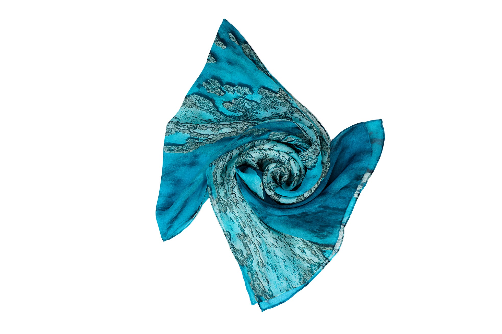 Silk Scarf Coral Veins print with Coral reef veins spread across green, blue, aqua, turquise coloured water