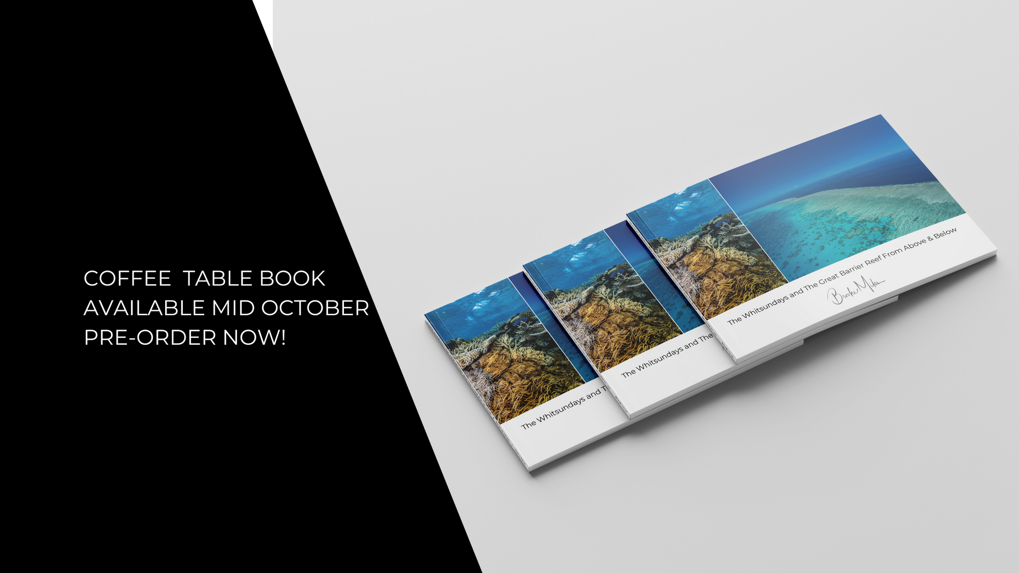 Open coffee table book with scenic images on a white surface