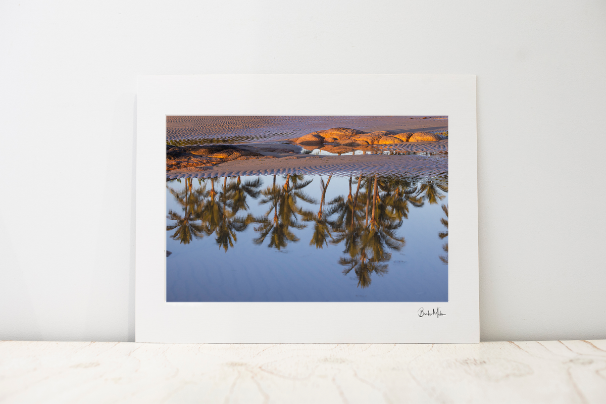 A large photo mount featuring a landscape photograph of desert mountains and palm trees reflected in water, displayed against a white wall on a light marble surface.