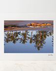 A large photo mount featuring a landscape photograph of desert mountains and palm trees reflected in water, displayed against a white wall on a light marble surface.