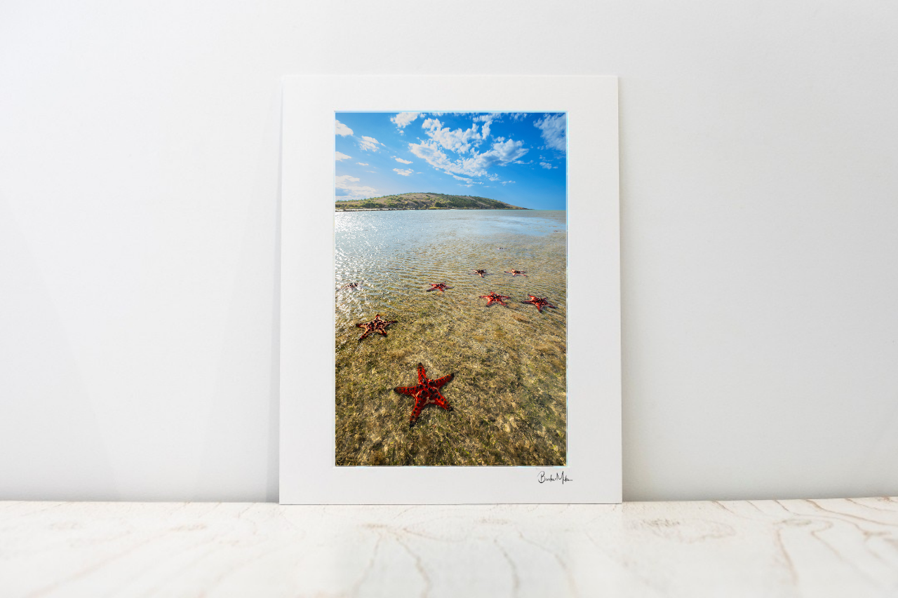 A vertical white art print with a white mat border, featuring a photograph of a beach scene with a blue sky, shallow water, and red starfish, leaning against a white wall on a light marble surface.