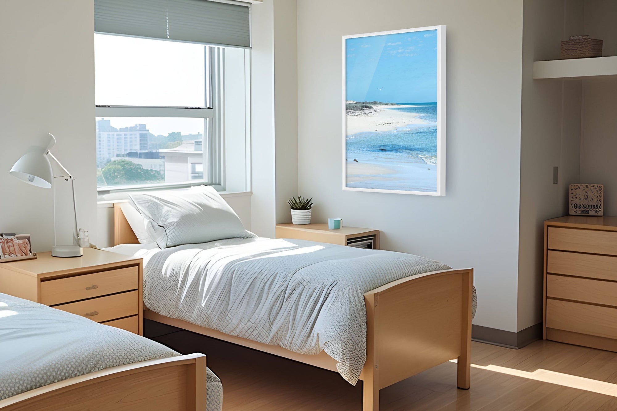Modern bedroom with wooden bed, nightstands, and a large window.