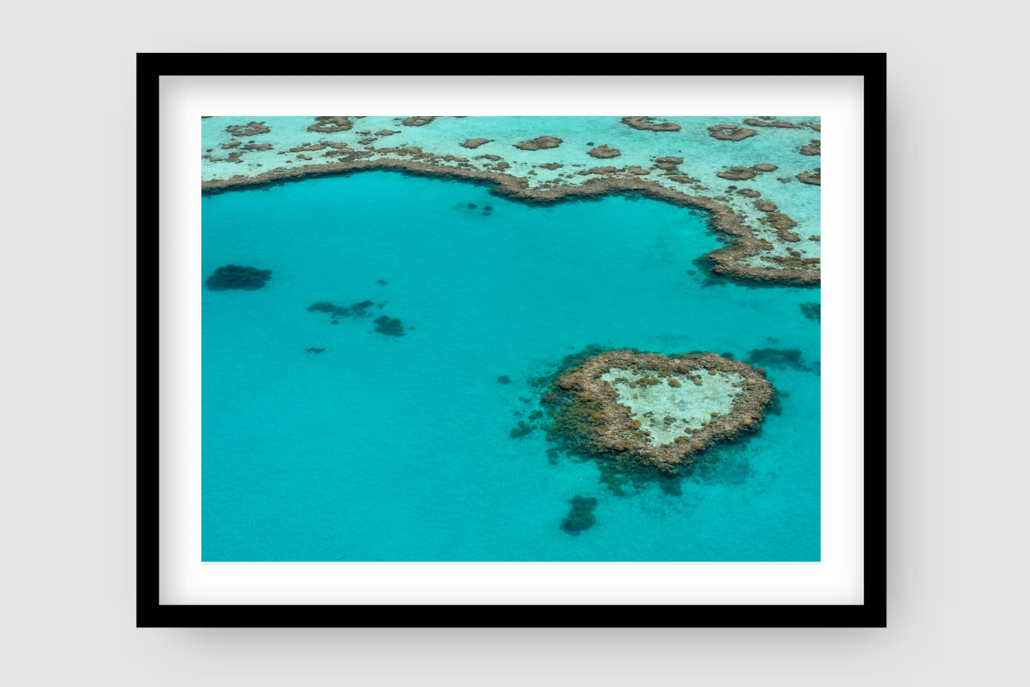 large heart shaped coral reef island surrounded by turquise water and more reef