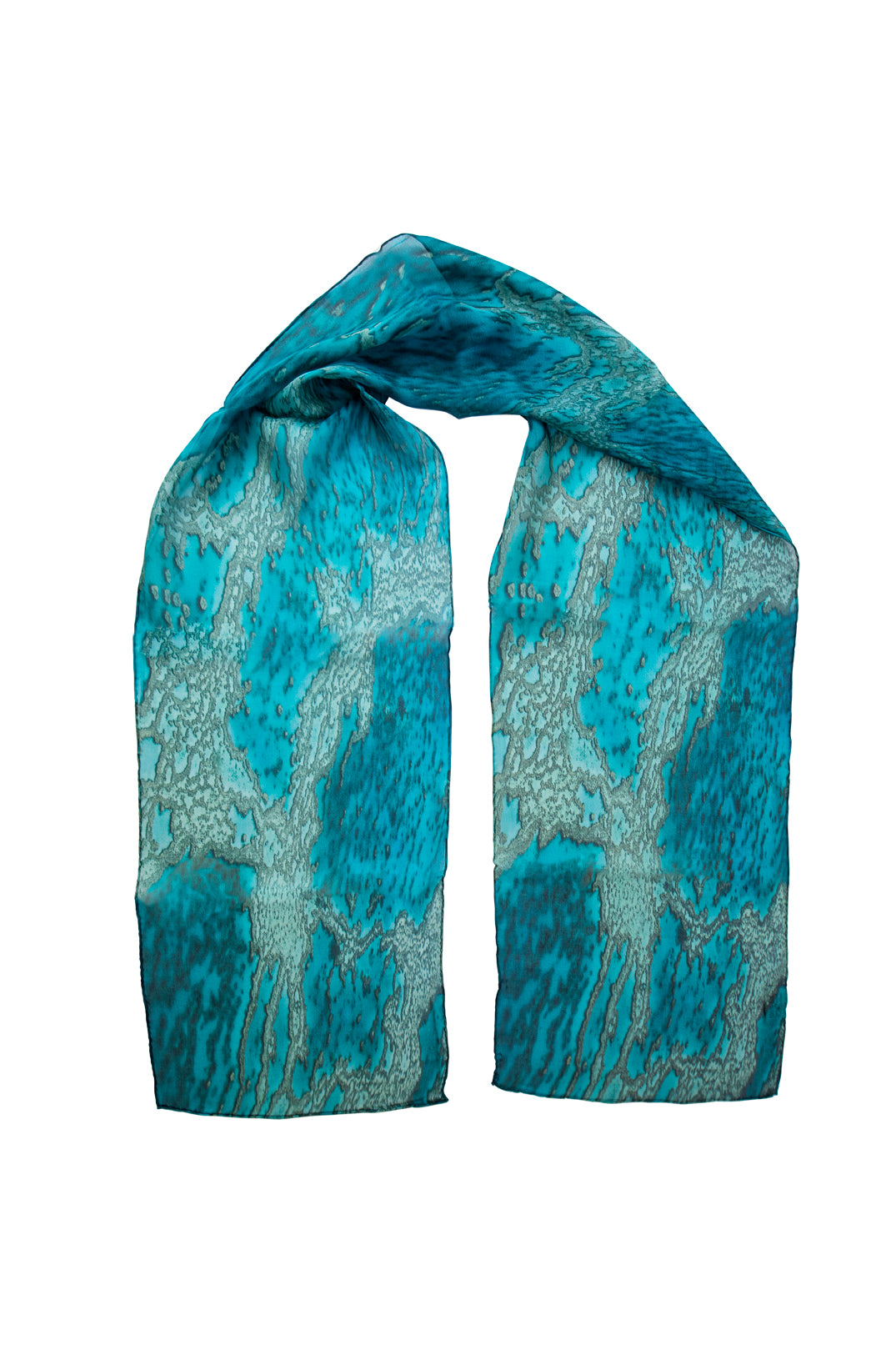 Silk Scarf Coral Veins print with Coral reef veins spread across green, blue, aqua, turquise coloured water